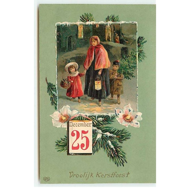 n°22076 - Carte Gaufrée - Vroolijk Kerstfeest - Une femme se promenant avec une fillette et un garçon