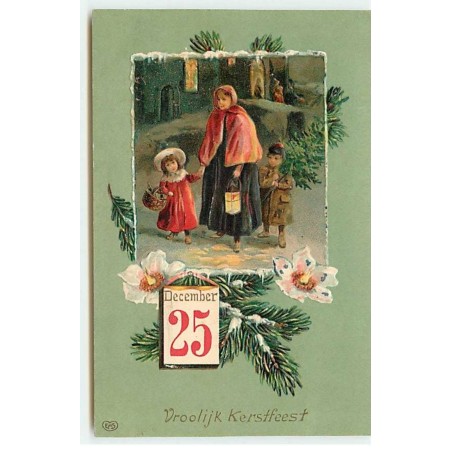n°22076 - Carte Gaufrée - Vroolijk Kerstfeest - Une femme se promenant avec une fillette et un garçon