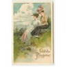 n°22078 - Fröhliche Pfingsten - Deux jeunes femmes élégantes assises dans une prairie