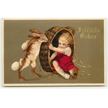 n°22080 - Fröhliche Ostern - Lièvre regardant une fillette se cachant dans un panier en osier