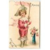 n°22089 - Carte Gaufrée - Amitié - Clapsaddle - Garçon près de fleurs dans un vase