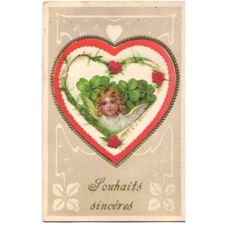 n°22099 - Carte avec chromo - Souhaits Sincères - Ange entouré de trèfles, de fleurs au milieu d'un coeur
