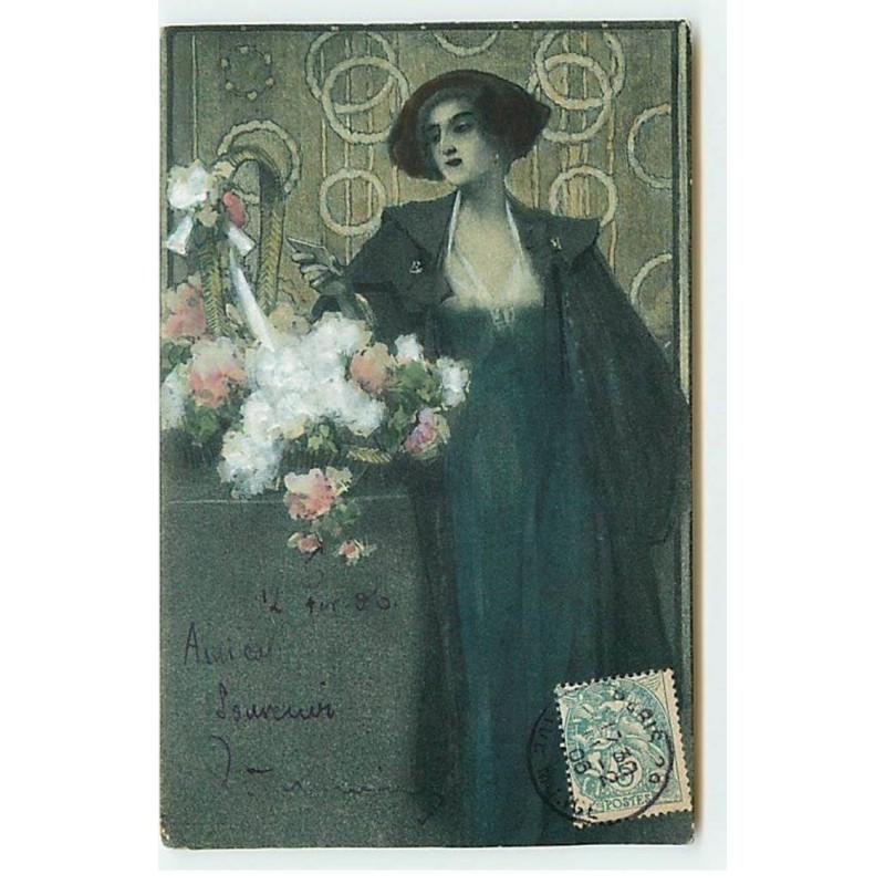n°22113 - Art Déco - Femme lisant le mot qui accompagne des fleurs