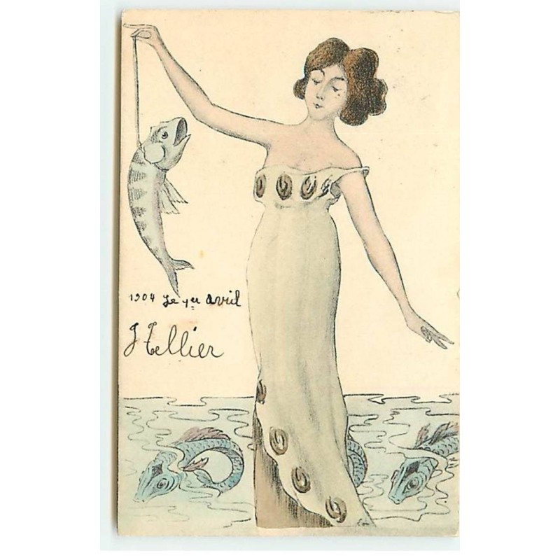 n°22124 - 1er Avril - Art Nouveau - Jeune femme les pieds dans l'eau ayant pêché un poisson
