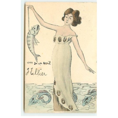n°22124 - 1er Avril - Art Nouveau - Jeune femme les pieds dans l'eau ayant pêché un poisson