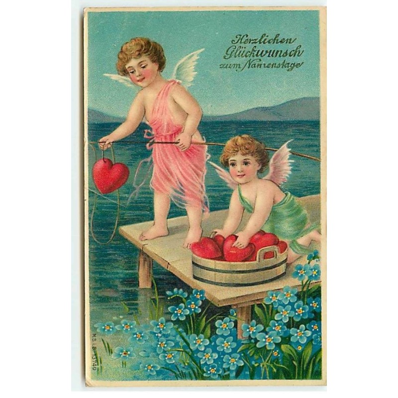 n°22127 - Herzlichen Glückwunsch zum Namenstage - Anges pêchant avec des coeurs