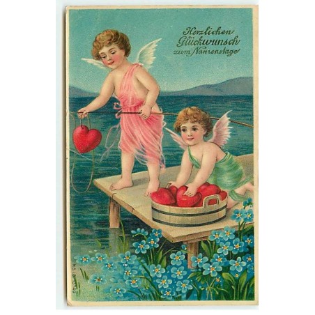 n°22127 - Herzlichen Glückwunsch zum Namenstage - Anges pêchant avec des coeurs