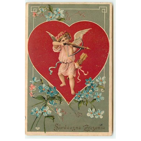 n°22129 - Carte Gaufrée - Serdeezne Zyezenia - Cupidon au milieu d'un coeur s'apprêtant à tirer une flèche