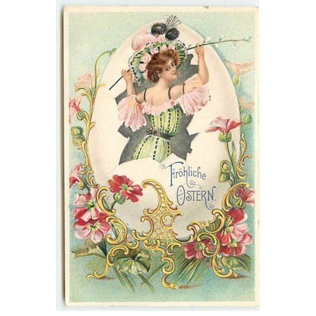 n°22135 - Carte Gaufrée - Fröhliche Ostern - Jeune femme dans un oeuf