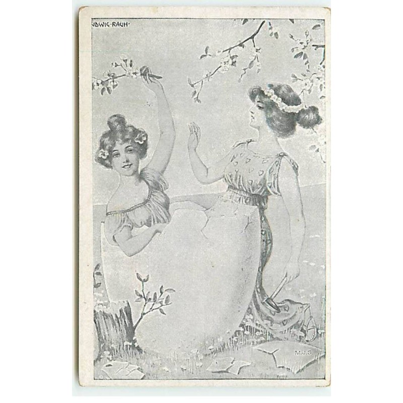 n°22139 - M.J.S. - Ludwig Rauh - Deux jeunes femmes sortant d'un oeuf à l'aide d'un petit marteau