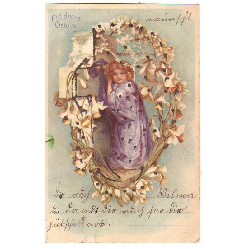 n°22140 - Clapsaddle - Fröhliche Ostern - Ange près d'une croix entourée de fleurs
