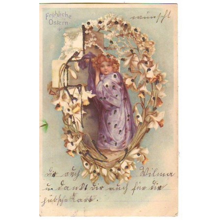 n°22140 - Clapsaddle - Fröhliche Ostern - Ange près d'une croix entourée de fleurs