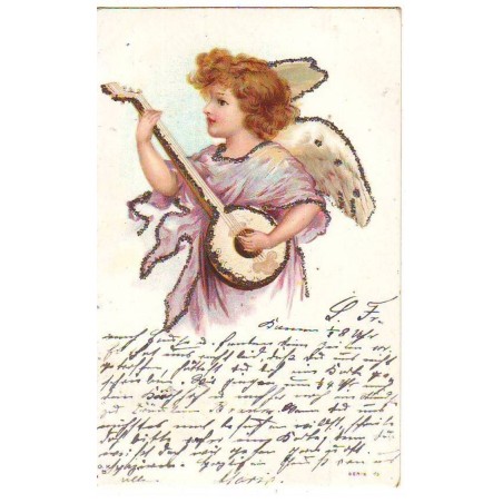 n°22141 - Clapsaddle - Ange jouant d'un banjo - Carte avec paillettes