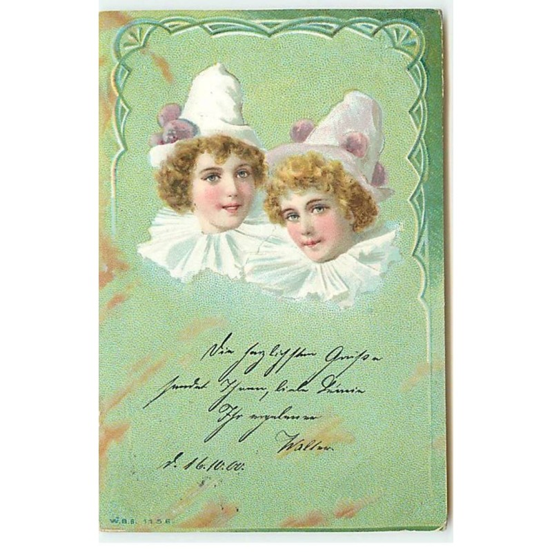 n°22149 - Deux portraits d'enfants portant des chapeaux avec pompons - Style Pierrot