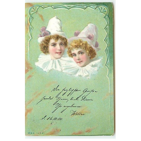 n°22149 - Deux portraits d'enfants portant des chapeaux avec pompons - Style Pierrot