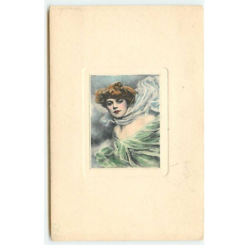 n°22168 - Carte Gaufrée - MM Vienne - Femme dans un cadre, portant un voile et une robe verte