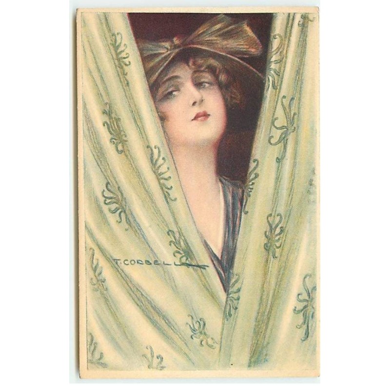 n°22174 - T. Corbella - Jeune femme derrière des rideaux vert