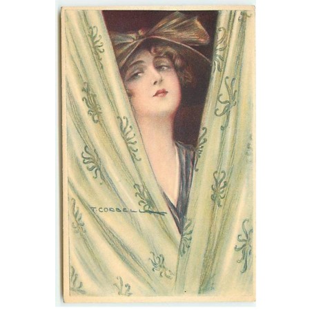 n°22174 - T. Corbella - Jeune femme derrière des rideaux vert