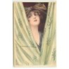 n°22174 - T. Corbella - Jeune femme derrière des rideaux vert