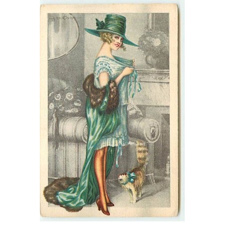 n°22175 - A. Bertiglia - Jeune femme nouant sa robe, dans son salon, près de son chat