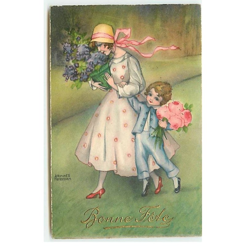 n°22179 - Hannes Petersen - Bonne Fête - Une femme, et son garçon apportant des fleurs