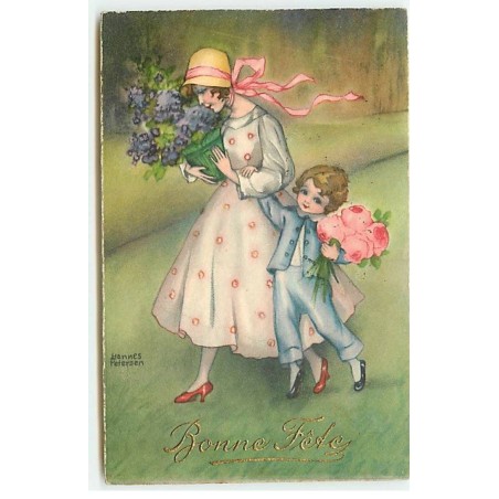 n°22179 - Hannes Petersen - Bonne Fête - Une femme, et son garçon apportant des fleurs