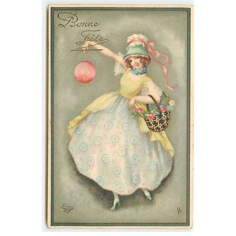 n°22180 - Hannes Petersen - Bonne Fête - Jeune fille portant un panier rempli de roses, et un lampion