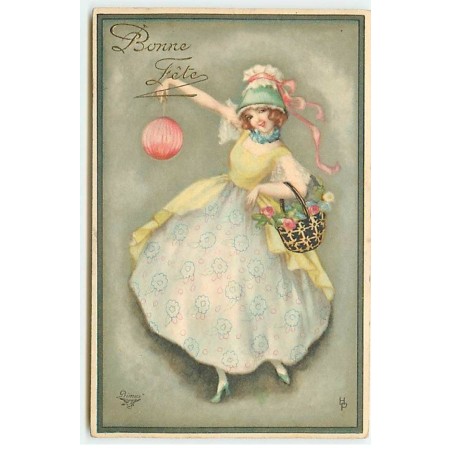 n°22180 - Hannes Petersen - Bonne Fête - Jeune fille portant un panier rempli de roses, et un lampion