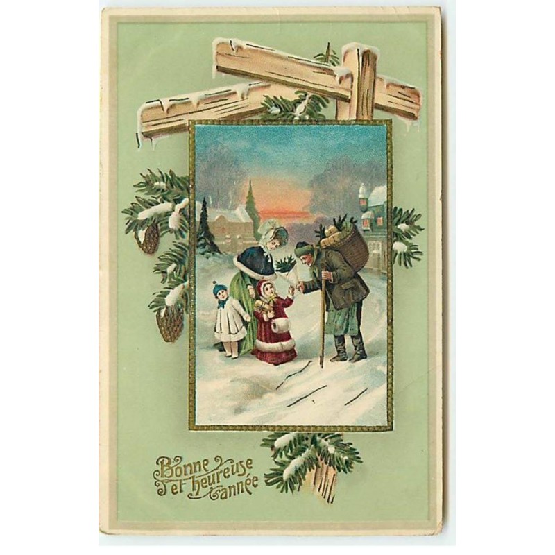 n°22182 - Bonne et Heureuse Année - Homme offrant des branches de sapin à une fillette se promenant avec sa famille