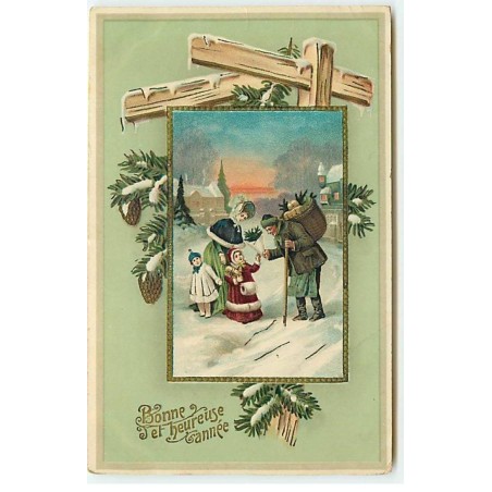 n°22182 - Bonne et Heureuse Année - Homme offrant des branches de sapin à une fillette se promenant avec sa famille