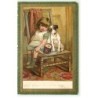 n°22196 - Carte Gaufrée - Fillette assise avec un chien sur une chaise
