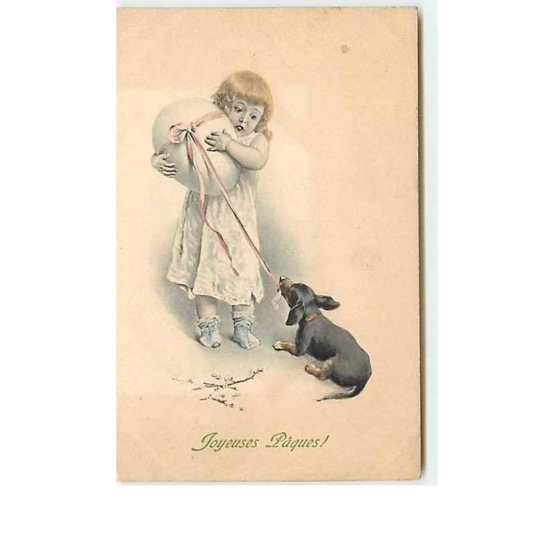 n°11437 - Carte Fantaisie - MM Vienne n°254 - Joyeuse Pâques - Fillette et teckel