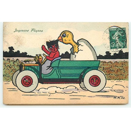 n°22309 - Illustrateur - MM Vienne n°566 - H.A.W. - Joyeuses Pâques - Chat rouge conduisant une voiture avec un poussin