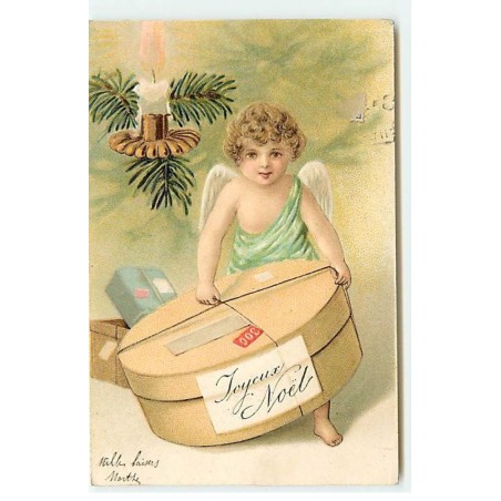 n°22322 - Carte Gaufrée - Joyeux Noël - Ange portant une grande boite à chapeau