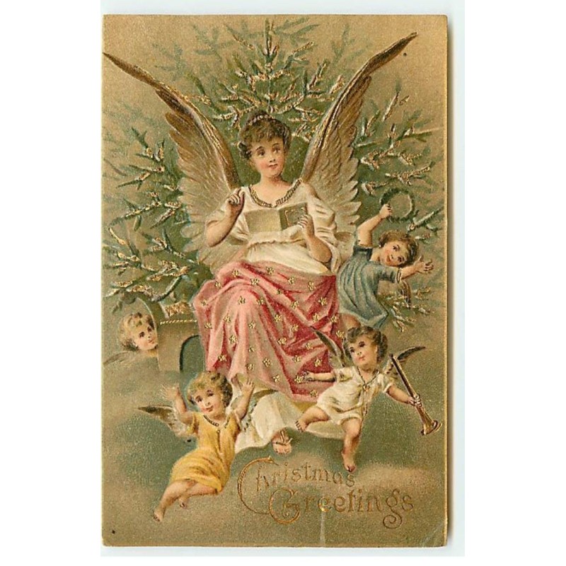 n°22324 - Carte Gaufrée - Christmas Greetings - Ange gardien lisant un livre pour des anges