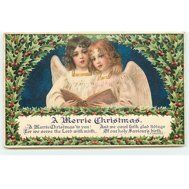 n°22325 - Carte Gaufrée - A Merrie Christmas - Anges chantant