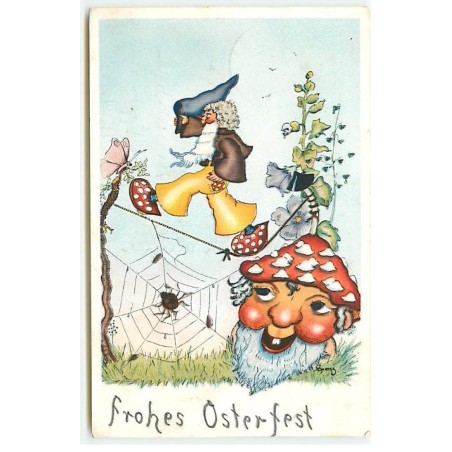 n°22329 - Frohes Osterfest - Nain marchant sur une toile d'araignée, papillon, et un champignon humanisé