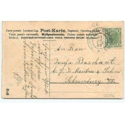 n°22336 - Carte Gaufrée - Frohes Neues Jahr - Angelots dans une nacelle sous un ballon, remplie de trèfles