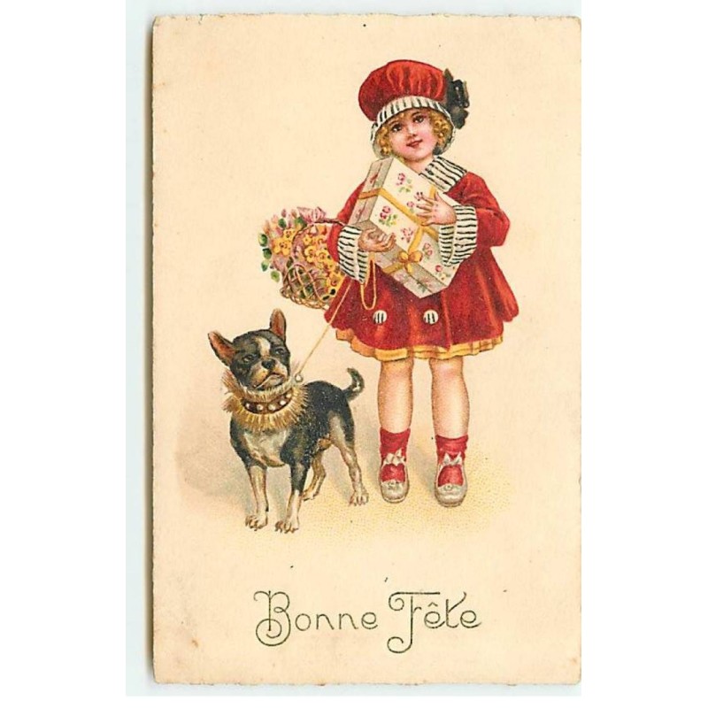 n°22342 - Bonne Fête - Fillette portant un paquet et un panier rempli de fleurs - bouledogue français