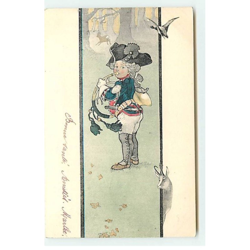 n°22347 - Art Nouveau - Jeune garçon jouant du cor de chasse dans une forêt, canard, chevreuil