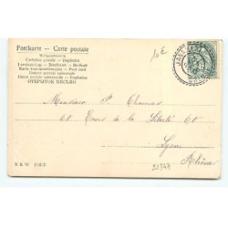 n°22347 - Art Nouveau - Jeune garçon jouant du cor de chasse dans une forêt, canard, chevreuil