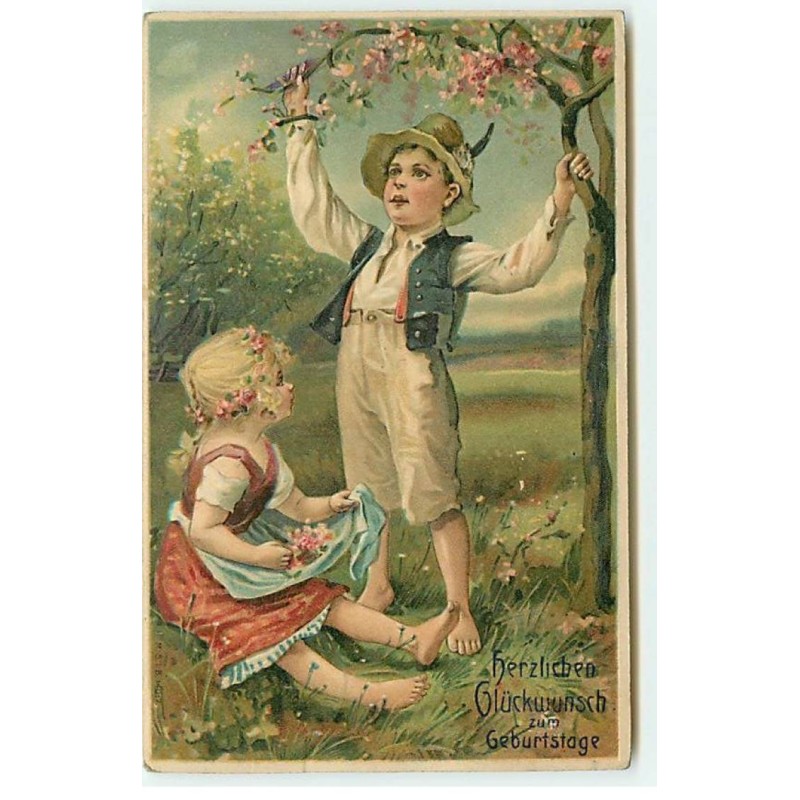 n°22349 - Carte Gaufrée - Herzlichen Glückwunsch zum Gaburtstage - Couple d'enfant sous un arbre fleuri