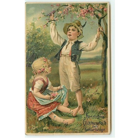 n°22349 - Carte Gaufrée - Herzlichen Glückwunsch zum Gaburtstage - Couple d'enfant sous un arbre fleuri