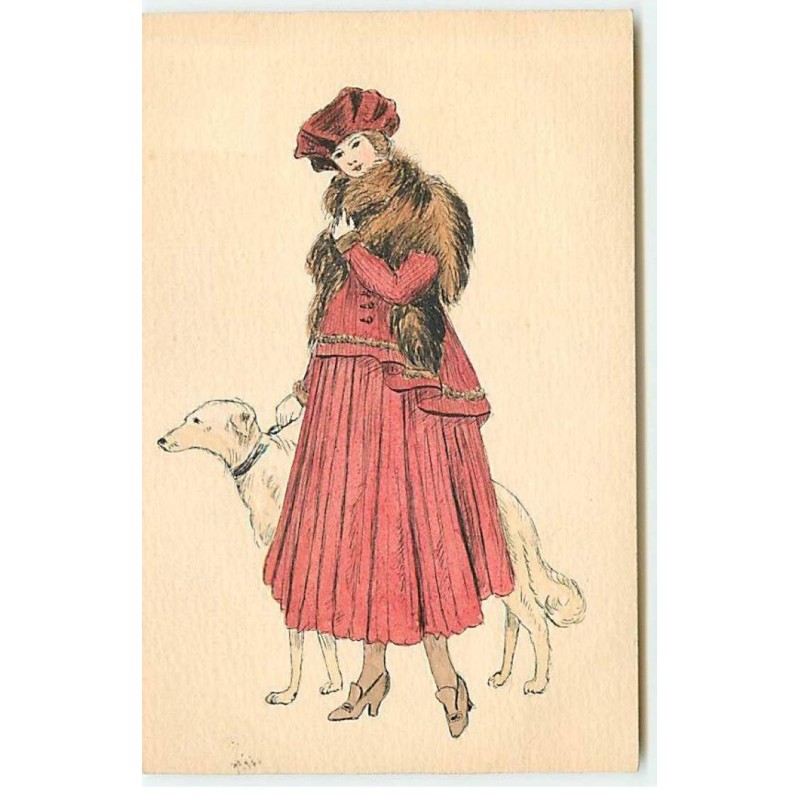 n°22357 - Carte Peinte à la Main - Jeune femme tenant un lévrier en laisse, avec un boa en fourrure