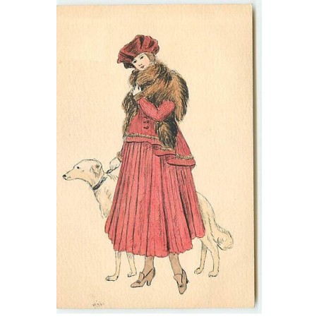n°22357 - Carte Peinte à la Main - Jeune femme tenant un lévrier en laisse, avec un boa en fourrure