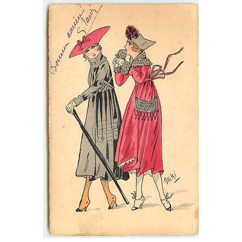 n°22366 - Miki - Deux jeunes femmes, l'une avec une canne - Mode