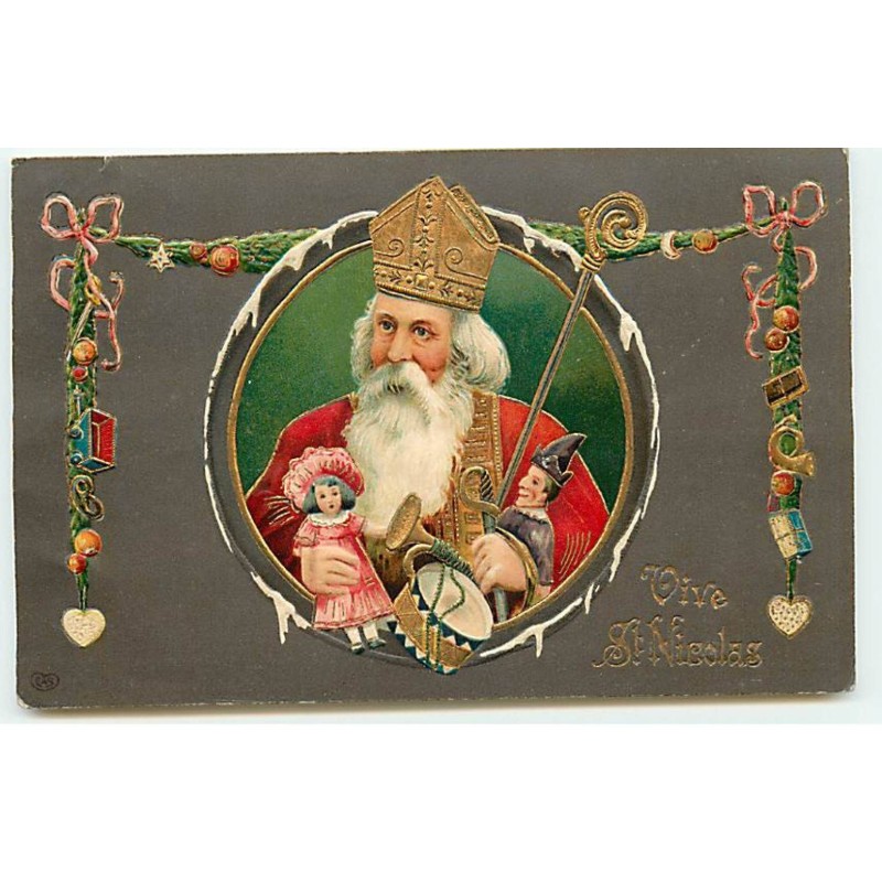 n°22381 - Carte Gaufrée - Vive Saint-Nicolas - Saint-Nicolas apportant des jouets, dont une poupée
