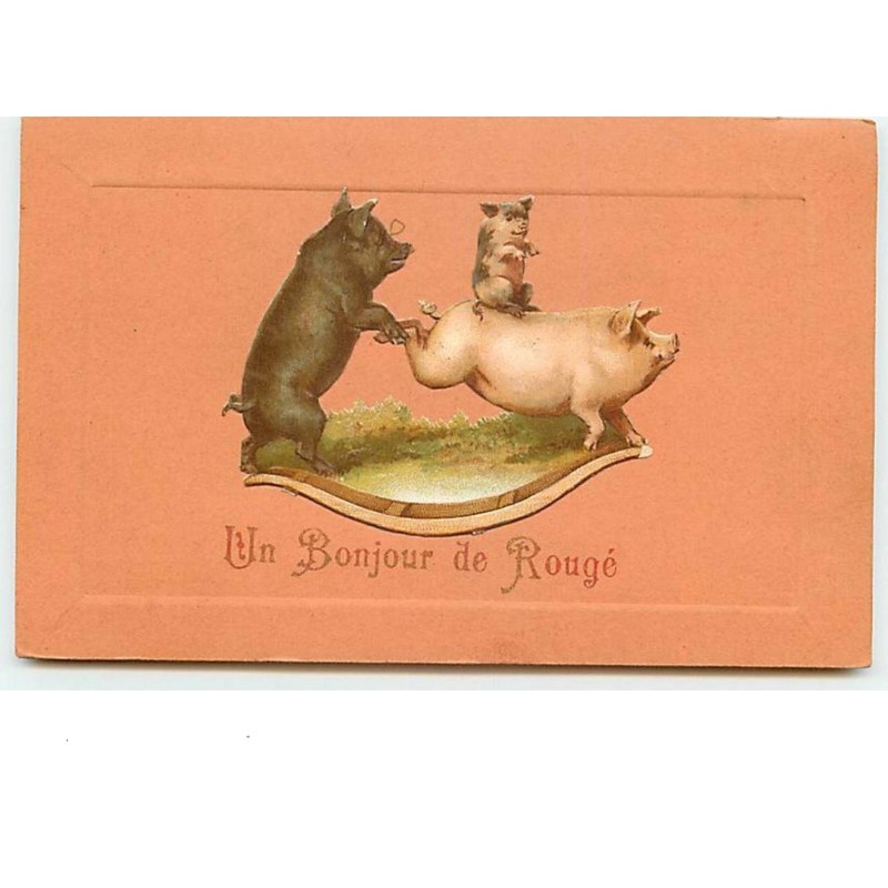 n°11449 - Carte Fantaisie - Un Bonjour de Rougé - Cochons (chromo collé)
