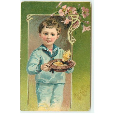 n°22382 - Carte Gaufrée - Joyeuses Pâques - Garçon portant des poussins dans son canotier