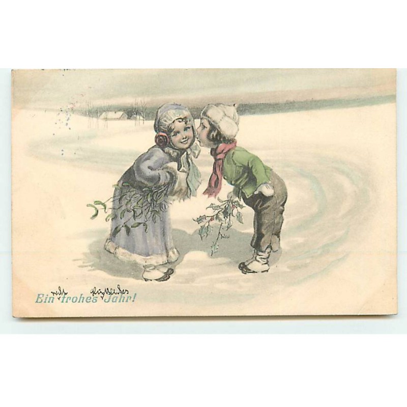 n°22383 - Nouvel An - Ein Frohes Jahr ! - Garçon embrassant sur la joue une fillette, les deux tenant du houx et du gui